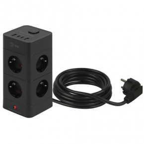 ЭРА Сетевой фильтр TWR-8es-1,5m-4USB-B башня с защитой ЗК с выкл. 8 розеток+4xUSBA+C 1,5м 16А черный