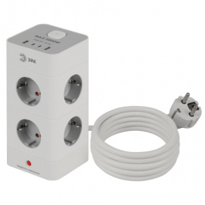 ЭРА Сетевой фильтр TWR-8es-1,5m-4USB-W башня с защитой ЗК с выкл. 8 розеток+4xUSBA+C 1,5м 16А белый