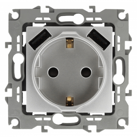 14-4109-03  ЭРА Розетка 1СП с з/к (2P+E )16A-250В, штор. с 2xUSB 5В-3А, Эра Elegance, алюминий