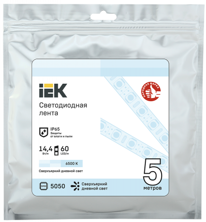 IEK 6500K - Лента холодный белый 14.4Вт IP65  (5м LSR-5050W60-14,4-IP65-12В)