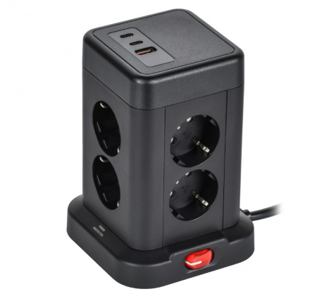 IEK DOMINIC Удлинитель У08K 8 мест 2P+PE 1,5м 3х1,0мм2 16А/250В USB A+C 20Вт черный