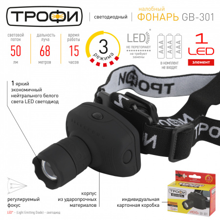 ЭРА-Трофи GB-301 Фонарь налобный (бат.) мощный яркий 2реж. с рег. фокусом