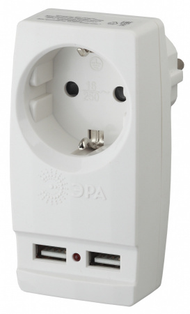ЭРА Адаптер "Polynom" 1гн 220V + 2xUSB 2100mA, c заземл, (белый) SP-1e-USB-W  ЭРА // Б0026332