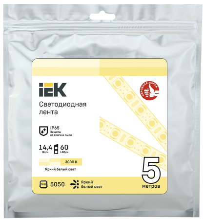 IEK 3000K - Лента теплый белый 14.4Вт IP65  (LED 5м LSR-5050WW60-14,4-IP65-12В)