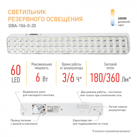 ЭРА Авар. светильник LED DBA-106-0-20 пост./непост. 60LED 3ч IP20