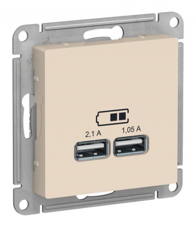 SchE (беж) механизм розетка USB AtlasDesign тип A+A 5В 1х2.1А 2х1.05А // ATN000233