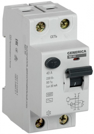IEK GENERICA Выключатель дифференциальный (УЗО) ВД1-63 2Р 40А 30мА ИЭК