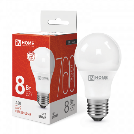 IN HOME Лампа LED-A60-VC  8Вт 230В Е27 4000К 760Лм