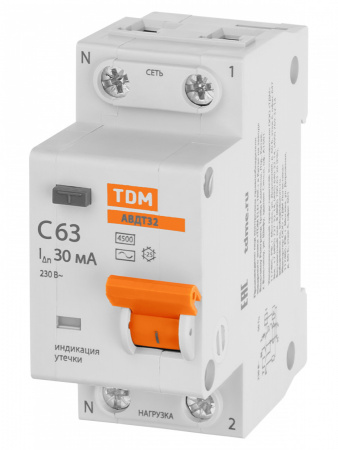 TDM АВДТ 32 2P(1P+N) C63А 30мА 4,5кА тип АС