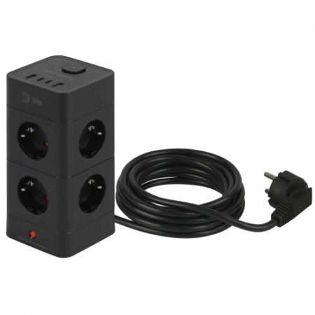 ЭРА Сетевой фильтр TWR-8es-1,5m-4USB-B башня с защитой ЗК с выкл. 8 розеток+4xUSBA+C 1,5м 16А черный