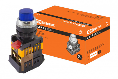 TDM Кнопка ABLFP-22 синий d22мм неон/230В 1з+1р 
